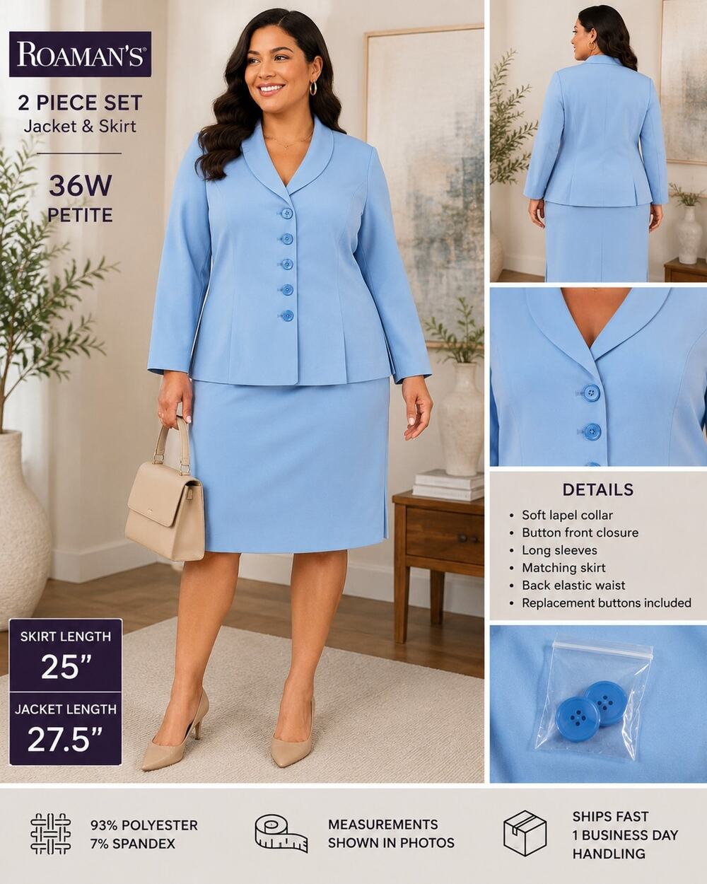 Roaman's Women 36W Petite Blue 2 Piece Skirt Suit Blazer Career Plus Size